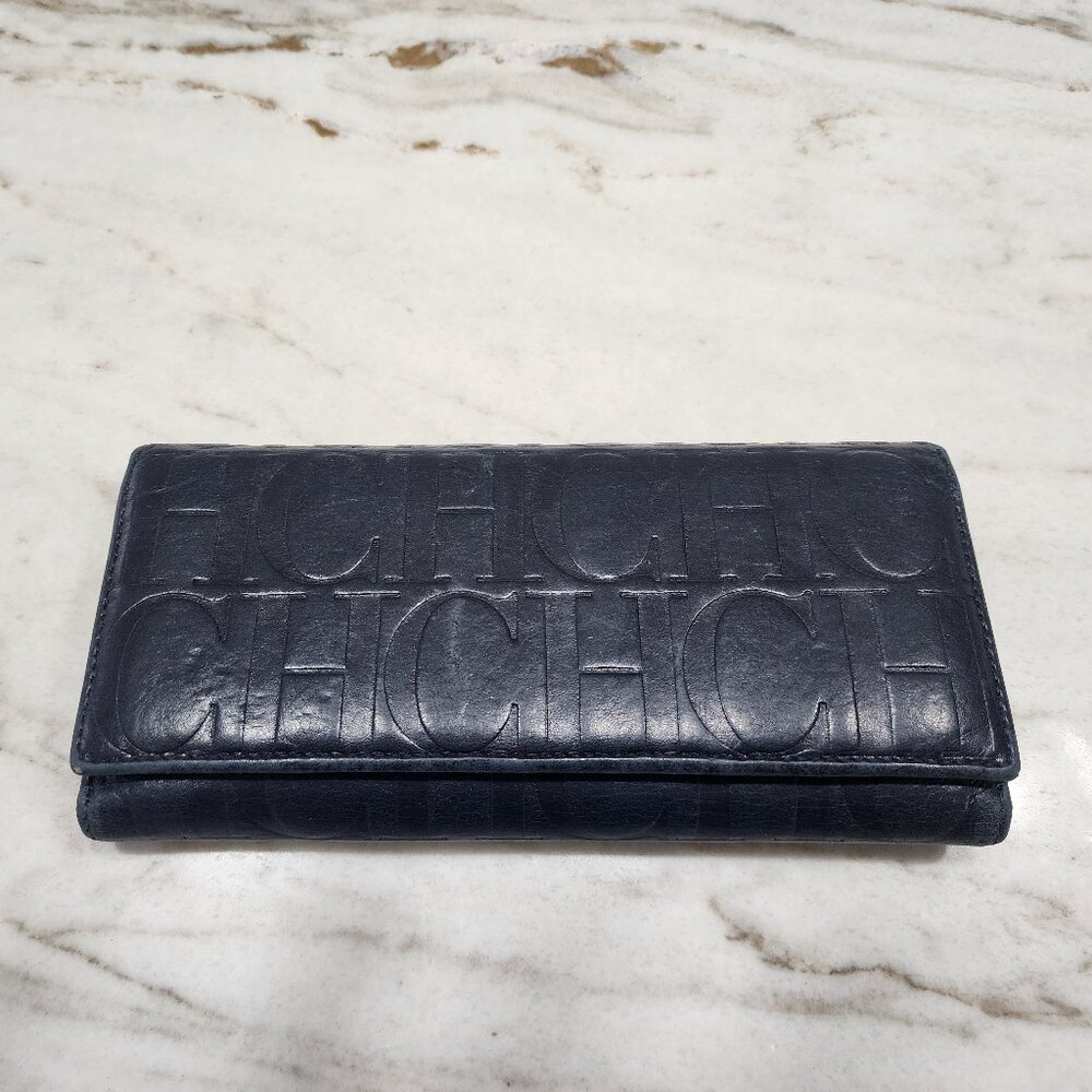 CH Carolina Herrera Navy Monogram Embossed Leather Trifold Continental Wallet